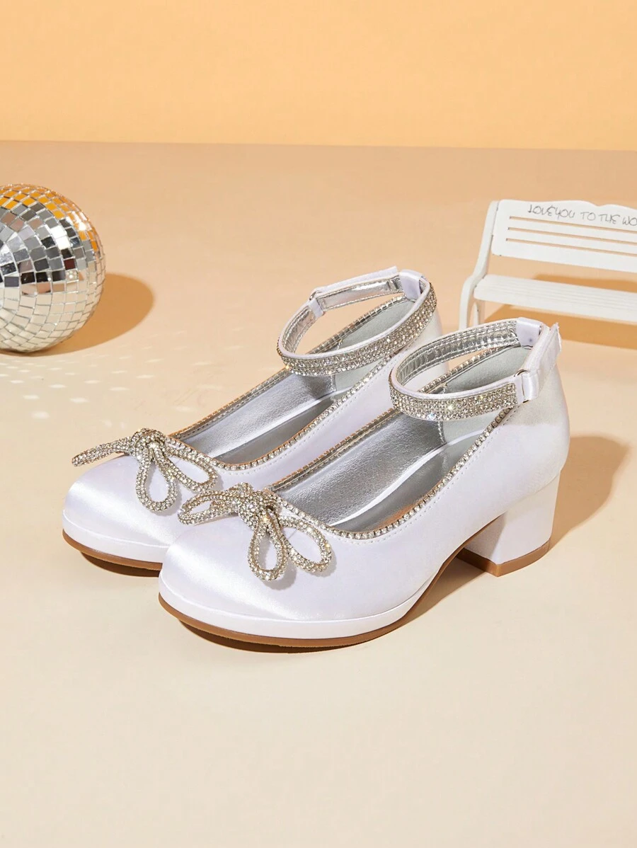 Girls Dress Shoes Low Heel Rhinestones Ankle Strap Princess Shoes Bow Flower Party Wedding School Pump For Toddler Little Big Kid - 白色 - 查看 1