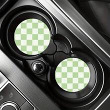 2 pièces Dessous de verre de voiture à motif de carreaux verts, dessous de verre antidérapant et lavable, cadeau unique, accessoire de voiture dessous de verre absorbant pour porte-gobelet