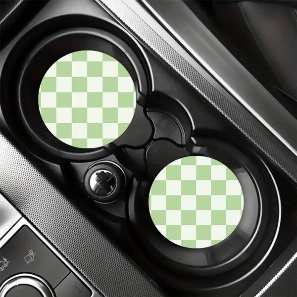 2 pièces Dessous de verre de voiture à motif de carreaux verts, dessous de verre antidérapant et lavable, cadeau unique, accessoire de voiture dessous de verre absorbant pour porte-gobelet