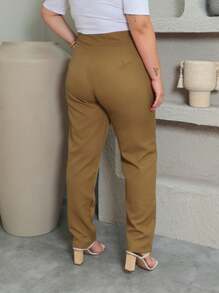 Women's Tailored Pants With Button Plus Size GG To G3 - marron claro - Ver 2