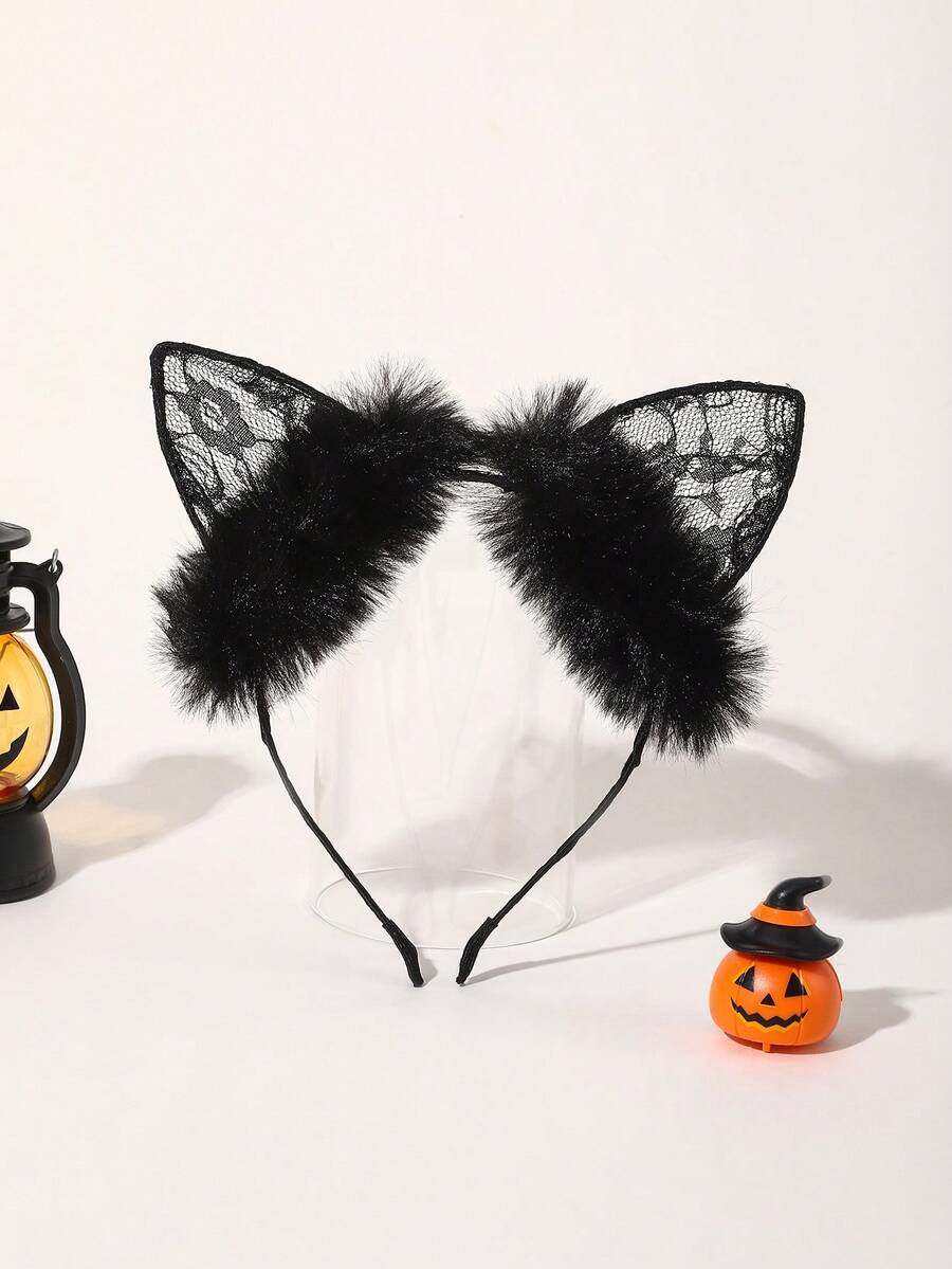 1 Băng đô tai mèo ren đen gợi cảm phong cách Gothic vui nhộn cho nữ, thích hợp làm phụ kiện tóc dự tiệc, trang trí lễ hội - màu đen - Xem 1
