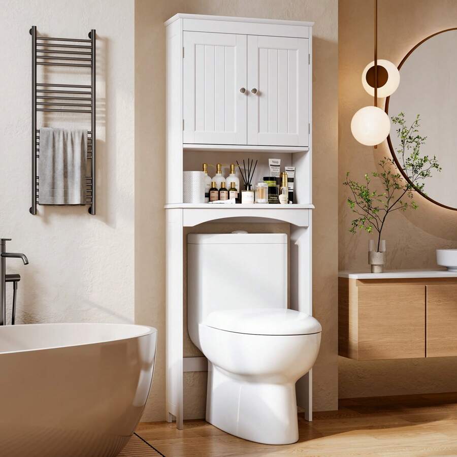 66'' Over The Toilet Storage Cabinet, Toilet Furniture, Bathroom Cabinet With Adjustable Shelf And Double Doors, Bathroom Organizer - Bathroom Space Saver Organizer Above Toilet With Open Shelf, Taller Wooden Free Standing Toilet Rack,White - 白色 - 查看 1