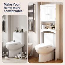 66'' Over The Toilet Storage Cabinet, Toilet Furniture, Bathroom Cabinet With Adjustable Shelf And Double Doors, Bathroom Organizer - Bathroom Space Saver Organizer Above Toilet With Open Shelf, Taller Wooden Free Standing Toilet Rack,White - 白色 - 查看 8
