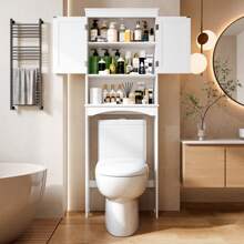 66'' Over The Toilet Storage Cabinet, Toilet Furniture, Bathroom Cabinet With Adjustable Shelf And Double Doors, Bathroom Organizer - Bathroom Space Saver Organizer Above Toilet With Open Shelf, Taller Wooden Free Standing Toilet Rack,White - 白色 - 查看 4