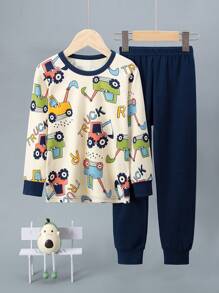 2 件套年轻男孩卡通印花长袖睡衣套装，睡衣套装 - 米色 - 查看 1