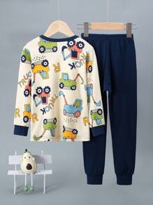 2 件套年轻男孩卡通印花长袖睡衣套装，睡衣套装 - 米色 - 查看 2