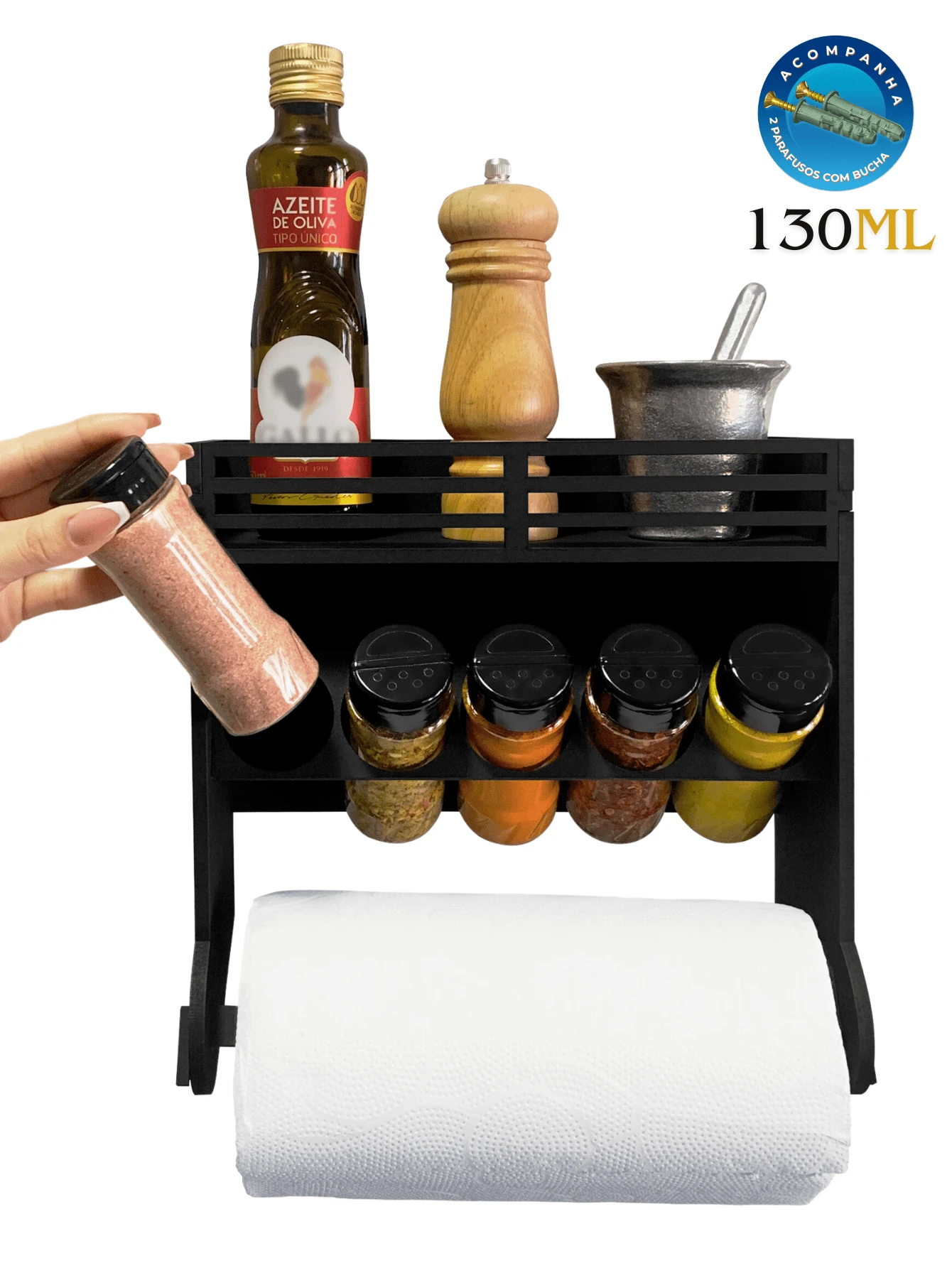 Wall Mounted MDF Seasoning Holder With Paper Towel Holder And 5 130ml Plastic Jars Double Dosing Lid Includes Screw Bushing Label - Svart - Visa 1