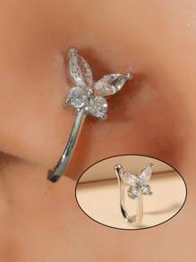 1 件蝴蝶结非穿孔鼻夹，铜方晶锆石 U 型鼻钉，时尚鼻环穿孔首饰，适合女性 - 銀色 - 查看 6