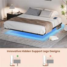Floating Bed Frame King Size With LED Lights & Charging Station, Metal Platform Queen Bed, 79.9'' L X 76.2'' W X 7.9'' H.