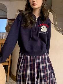 Women's Autumn/Winter Letter & Dog Embroidered Front Zip Up Hooded Sweater - Navy Blue - View 3