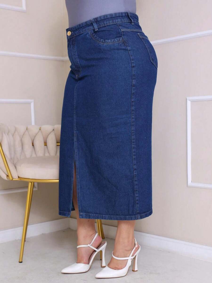 Denim Midi Skirt With Front Slit High Waist Modern Plus Size - 深色水洗藍 - 查看 1