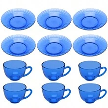 Blue Plate Kit With Striped Edge Bottom 22-CM + 6 Plain Round Cup 200-ML 12-Pieces - Màu xanh lam - Xem 1