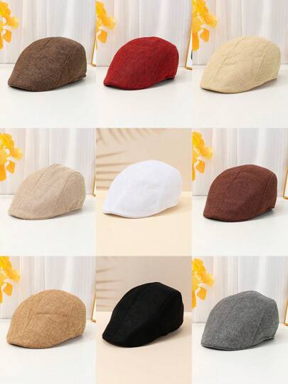 1pc Unisex Solid Color Linen Beret Cap, Breathable Lightweight Flat Top Cap, Vintage British Style Snapback Hat, Suitable For Daily Wear