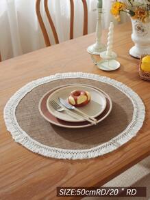 1pc 100% Linen Vintage Rustic Lace Edge Round Placemat, Suitable For Kitchen, Dining Table, Desk, Coffee Table, Vanity, Home Decor, Living Room, Bedroom, Yard, Indoor Outdoor, Camping, Villa, Holiday, Party, Wedding, Cabinet, Family Gathering, Holiday Decoration