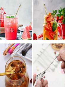 5pcs Stainless Steel Reusable Straws, Spoon Combo For Coffee, Juice, Mate Tea Mixing School Supplies,Christmas Gift