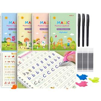 4 Set Magic Copybooks Pen Copy Book Free Wiping Practice English Copybook For Calligraphy Learning Books Grooves Template Design(All Accessories Are In Random Colors And Styles)Office, School, Drawing,Student,Markers,Stationery,School Supplies