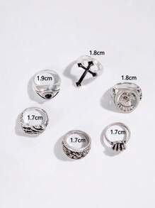 imoli 6pcs/Set Gothic Punk Style Zinc Alloy Black Oil Cross, Eagle Claw, Eye Shaped Silver Rings For Men, Halloween Party Favor (Hand-Oiled, Various Blackening Effects)