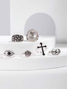 imoli 6pcs/Set Gothic Punk Style Zinc Alloy Black Oil Cross, Eagle Claw, Eye Shaped Silver Rings For Men, Halloween Party Favor (Hand-Oiled, Various Blackening Effects)