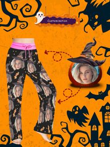 [DIY] Personalized Women's Halloween Funny Pajama Pants, Custom Photo Printed, Novelty Gift, Big Head Portrait, Humorous Face Replacement, Lightweight, Breathable, Quick-Drying, Silky Soft Fabric, Gift For Friends/Partner, Party/Birthday Present