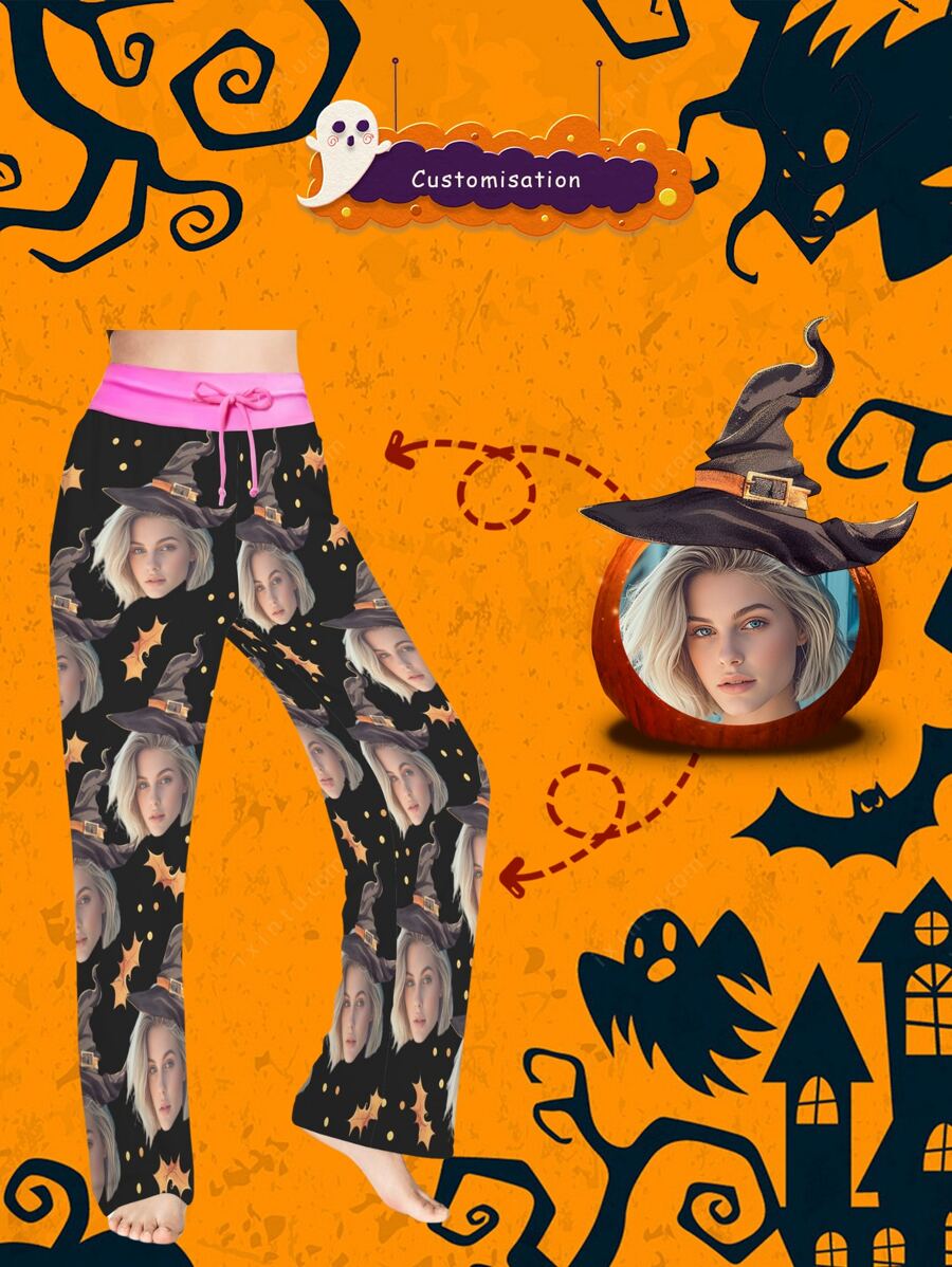 [DIY] Personalized Women's Halloween Funny Pajama Pants, Custom Photo Printed, Novelty Gift, Big Head Portrait, Humorous Face Replacement, Lightweight, Breathable, Quick-Drying, Silky Soft Fabric, Gift For Friends/Partner, Party/Birthday Present