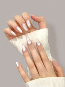 10 件手工佩戴假指甲套装，杏仁形灰色猫眼闪光指甲，适合日常和派对佩戴按压指甲美甲用品指甲