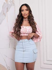 Mini Cargo Denim Skirt With Lycra Women's Denim Skirt With Spandex And Side Pockets - 淺色水洗藍 - 查看 3