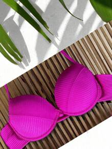 Retro Ribbed Textured Half Cup Bikini With Underwire Cup Glitter Wing Panties Double Thread Semi Thread Set Summer Beachwear - 玫瑰紅 - 查看 4