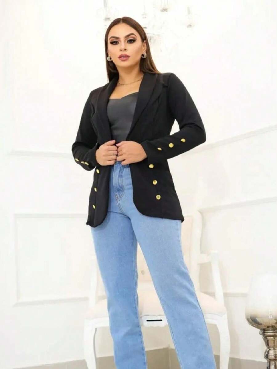 Tailored Blazer Women's Formal Jacket With Buttons Stylish Buttoned Overcoat - Black - View 1