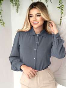 Women's Social Shirt With Long Sleeve Button Tendência Moda Super Shipping! ! - Xám - Xem 1