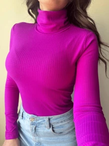 Women's Ribbed High Neck Blouse - 玫瑰紅 - 查看 1