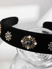 Black Velvet Headband With Pearl & Rhinestone Decor - Black - View 2