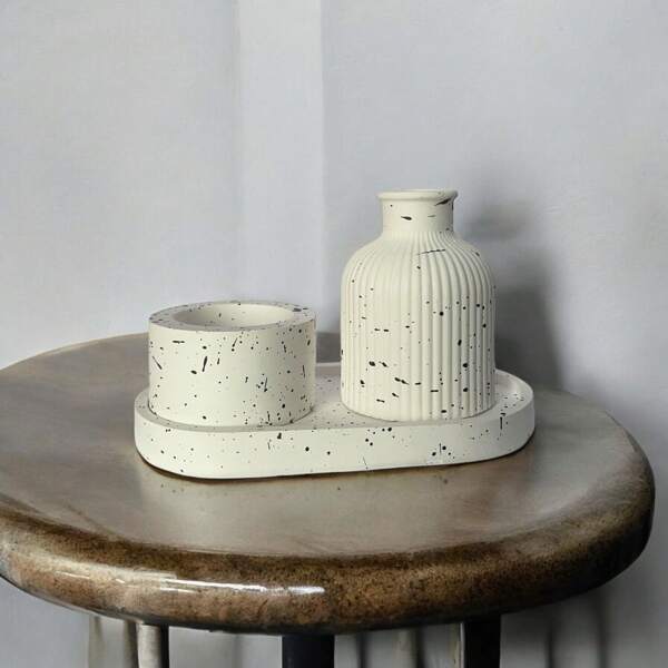 Kit Decorativo 3 peças ELEGANCE - Bandeja oval + Vaso + Pote - feitos a mão 100% Gesso e cimento