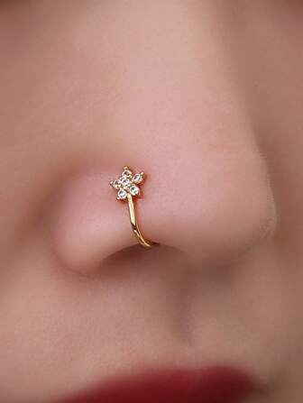 1pc Gold-Tone Micro-Inlaid Zirconia Pentagram Nose Ring, Minimalist Personalized Rhinestone Star Nose Stud/Clip For Women
