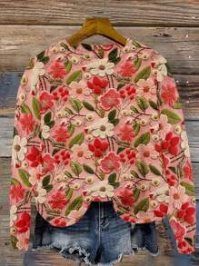 Plus Size Women's Round Neck Long Sleeve Floral Print Knitted Sweater