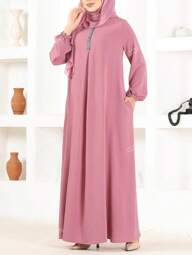 Fashion Women's Round Neck Solid Color Loose Long Robe Modest Long Sleeve Dress