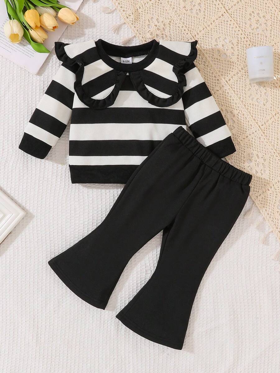 女婴黑白拼布领设计可爱上衣搭配黑色裤子套装，秋冬 - 黑色 - 查看 1