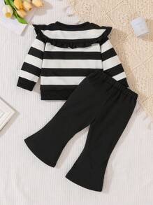 女婴黑白拼布领设计可爱上衣搭配黑色裤子套装，秋冬 - 黑色 - 查看 2