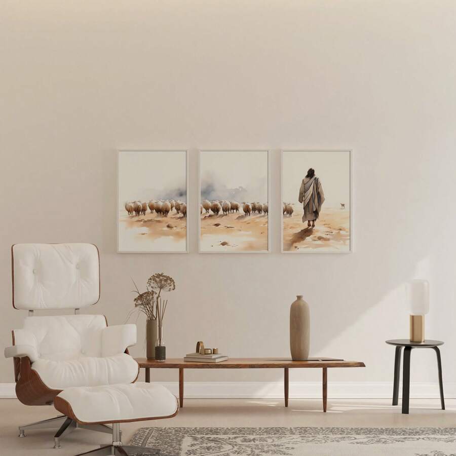 Set Of 3 Christian Prints Canvas Paintings Jesus Leaves The 99 The Lost