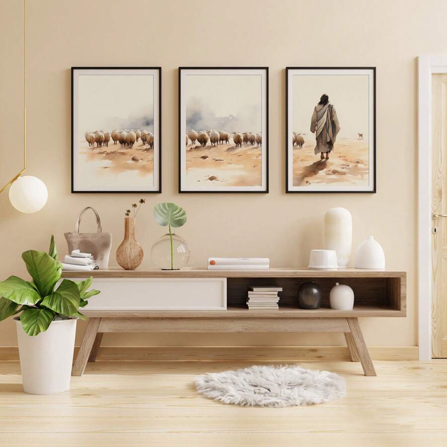 Set Of 3 Christian Prints Canvas Paintings Jesus Leaves The 99 The Lost