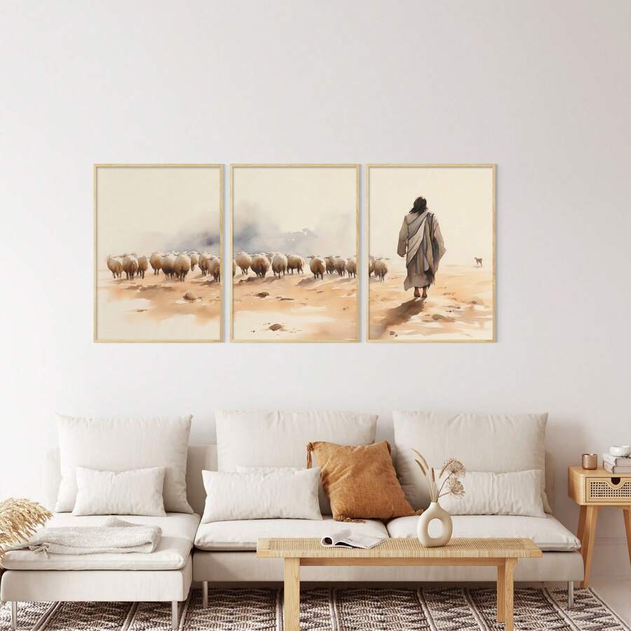 Set Of 3 Christian Prints Canvas Paintings Jesus Leaves The 99 The Lost