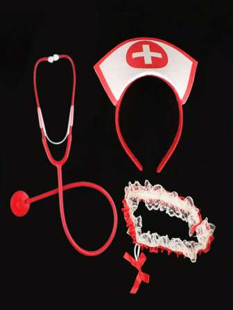 Nurse Costume Cosplay Props Set (Nurse Cap Headband + Stethoscope + Lace Garter), Nurse Role Play Outfit (Stethoscope Style Random) (Red Stethoscope Needs Self-Assembly)