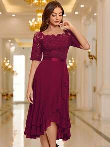 MIUSOL Robe de cocktail, de mariage ou pour invité, col bateau, patchwork de dentelle florale, volants à l'ourlet - Rouge - Voir 7