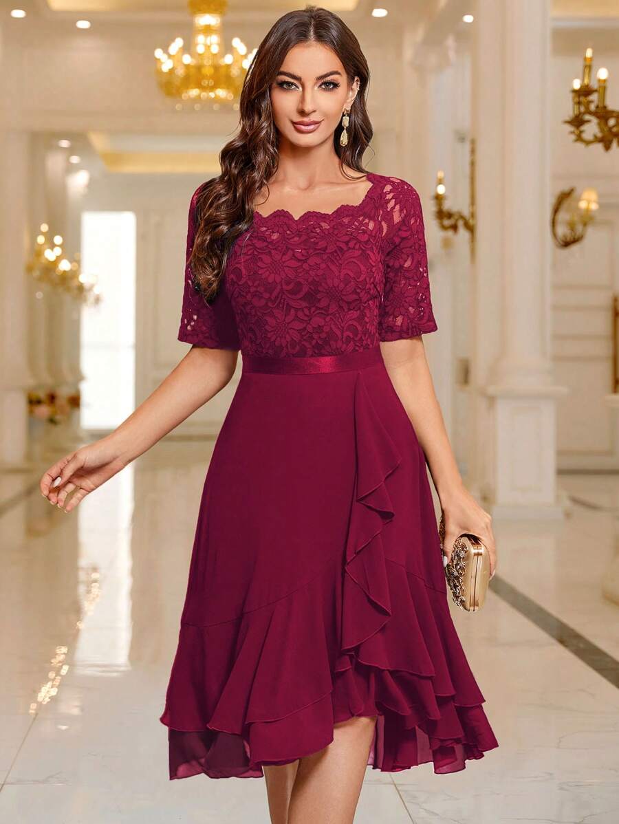 MIUSOL Robe de cocktail, de mariage ou pour invité, col bateau, patchwork de dentelle florale, volants à l'ourlet