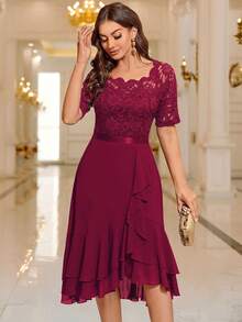 MIUSOL Robe de cocktail, de mariage ou pour invité, col bateau, patchwork de dentelle florale, volants à l'ourlet - Rouge - Voir 6