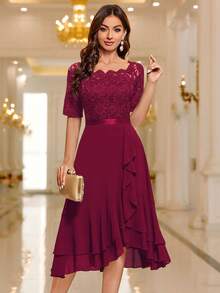MIUSOL Robe de cocktail, de mariage ou pour invité, col bateau, patchwork de dentelle florale, volants à l'ourlet - Rouge - Voir 4