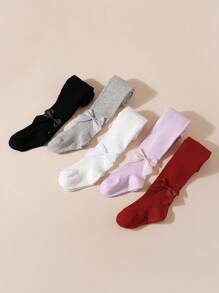 5pcs Girls' Solid Color Bow Decor Tights/Pantyhose, Suitable For Daily Wear All-Season