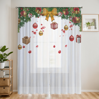 1pc Christmas Tulle Curtain, Digital Printing For Office, Living Room, Bedroom, Sheer Home Decor