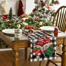 1PC Buffalo Plaid Gnome Bell Xmas Tree Christmas Table Runner, Seasonal Winter Kitchen Dining Table Decoration For Home Party Decor - أبيض وأسود - مشاهدة 4