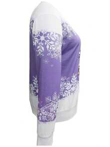 大码女式雪花印花圆领长袖休闲运动衫，秋季 - 紫色 - 查看 3