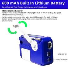 Solar Hand Crank Radio, Multi-Function LED Flashlight, Mobile Phone Charger, SOS Alarm, Outdoor Camping, Emergency Rescue - Blue - View 3